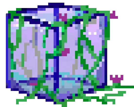 Abandoned cube of purple transparent glass and purple frame: there are green vines around it