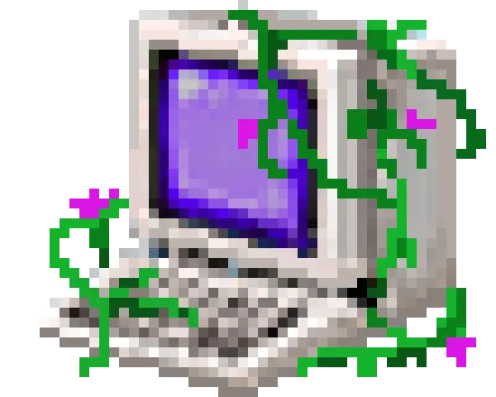 Abandoned 1990's era PC with a purple screen. Vines with purple flowers are consuming it, be careful