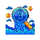 Blue Bitcoin coin with waterfall beneath it