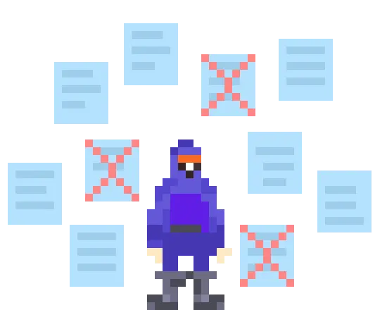 Person in a perple suit (probably a miner) stands with sheets of text floating around him. Some of sheets are crossed with red X