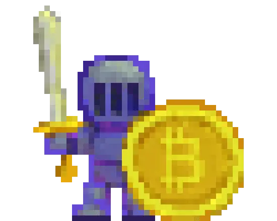 Knight with a sword, yellow Bitcoin coin in a purple armour