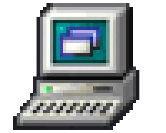 1990's era gray PC with a keyboard. Screen shows two opened windows on a green background.