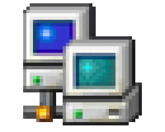 Two 1990s era gray PCs connected via some kind of wire. One has an emerald screen, the other — blue. They have green lights on, meaning they are turned on.